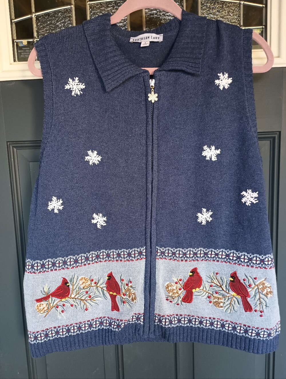 Southern Lady Blue Zip Sweater Vest With Cardinals Sz L NatureLover Cottagecore